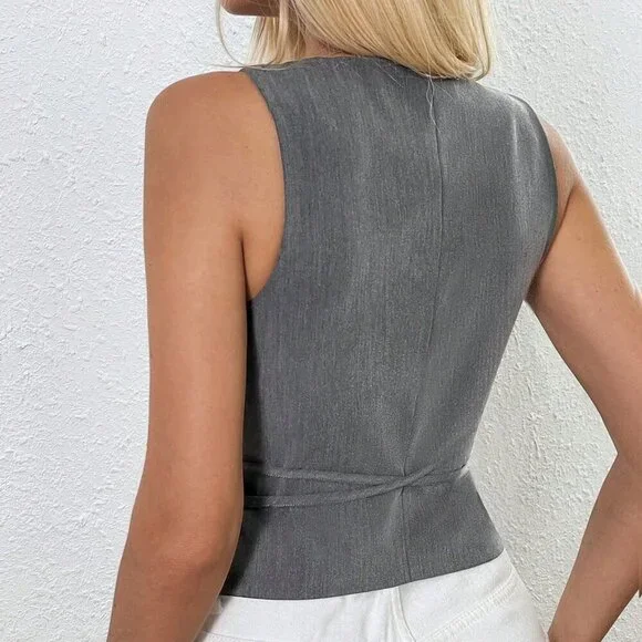 Grey Casual Women's Solid Tie Front Vest Jacket For Summer - Picture 5 of 8